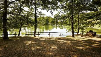 Un parc paisible au bord du lac, avec une clôture en bois, des arbres et des tables de pique-nique.