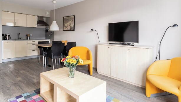 A modern kitchen with a dining area, a flat-screen TV, and a sofa. - Comfortable vacation apartment on Ameland with access to a pool; dogs welcome (Hollum)