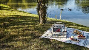 Un pique-nique organisé au bord d’un lac, avec une couverture, de la nourriture et un barbecue portable.