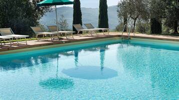 Une piscine aux eaux cristallines, dotée de chaises longues et d’un parasol vert.