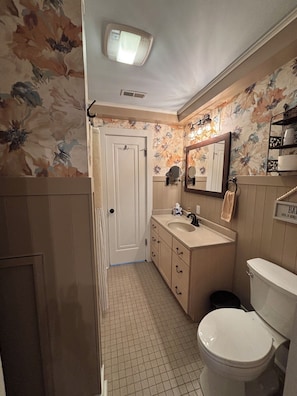 Hair dryer, towels, soap, shampoo