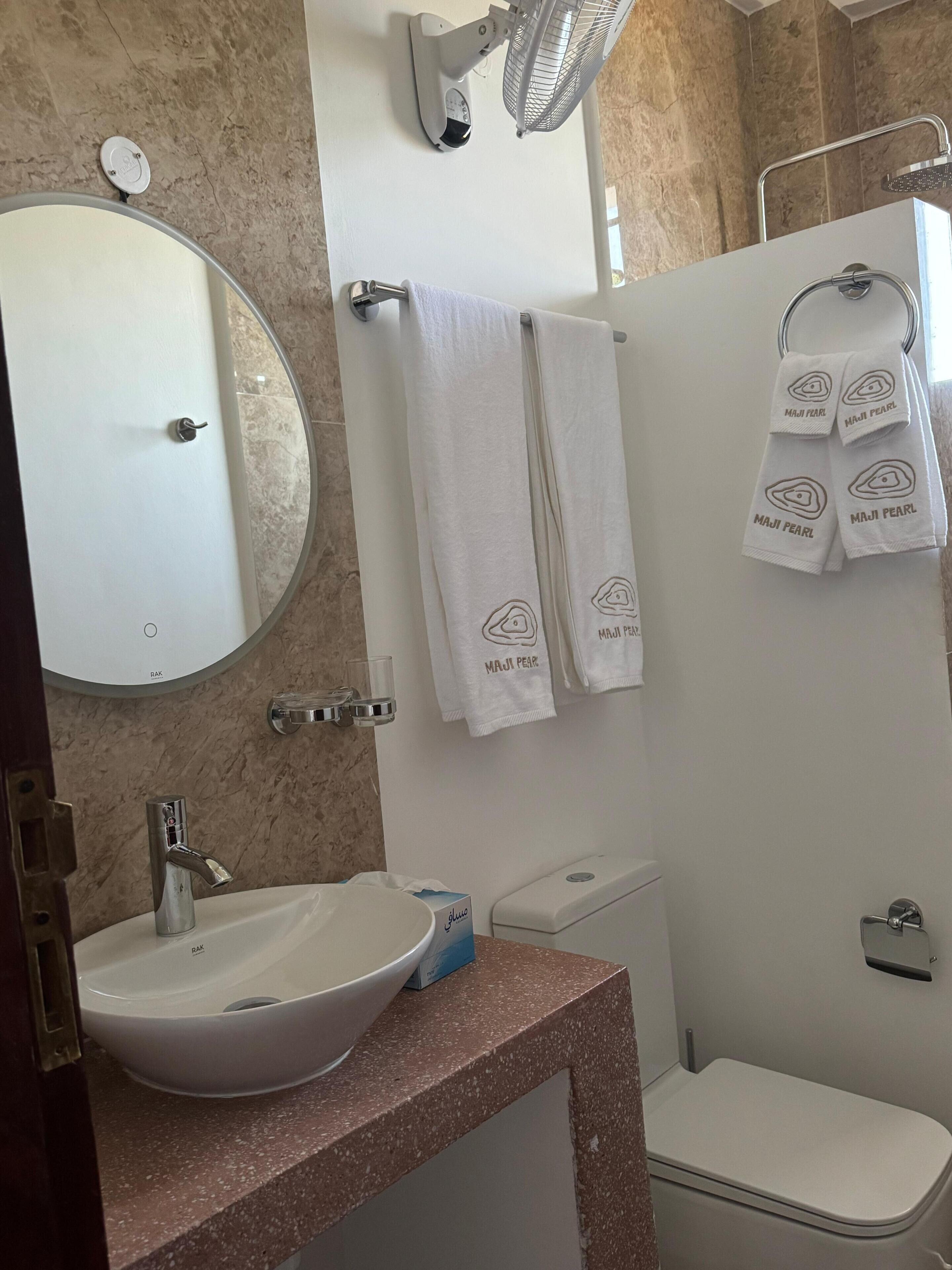 Ein Badezimmer mit Waschbecken, Spiegel, Handtuchhalter und Dusche.