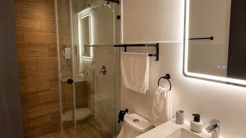 Secadora de cabello, toallas, jabón, papel de baño