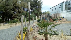 Ein Kiesweg führt zu einem Gebäude mit Holzzaun und verschiedenen Pflanzen.
