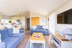 Harbour View Lodge - Pet friendly | Área de sala de estar | Smart TV y chimenea 