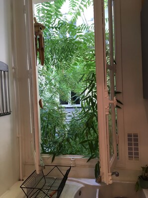 A bathroom with a window, a towel rack, a sink, and a small plant. - Beautiful, quiet apartment in the heart of the 9th arrondissement (Paris)