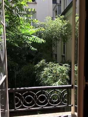 Ein Balkon mit schmiedeeisernem Geländer, umgeben von üppiger Vegetation und Gebäuden im Hintergrund.