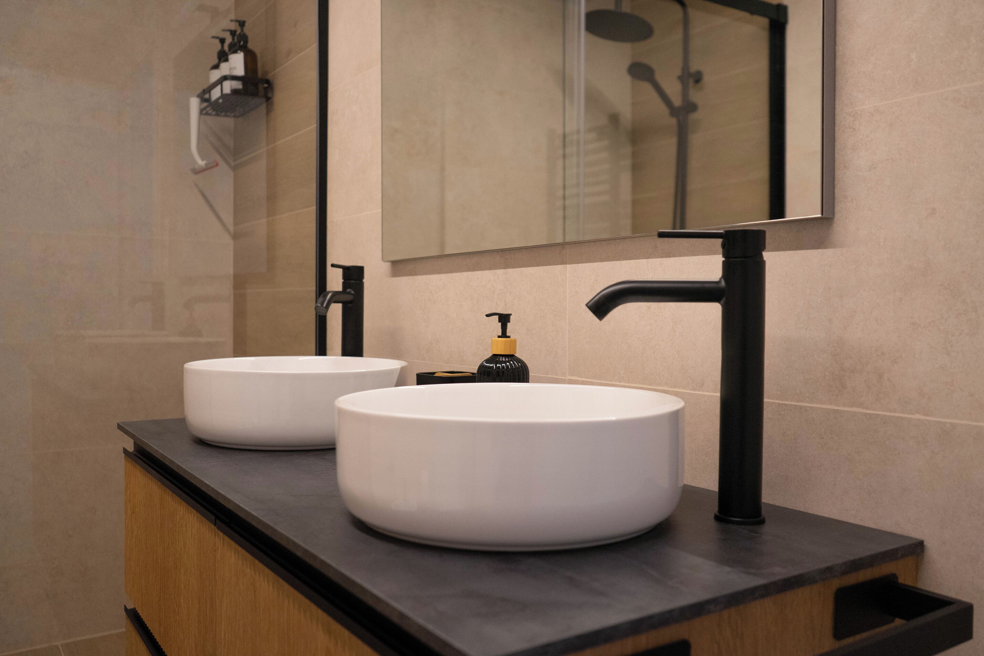 Shower, hair dryer, bidet, towels