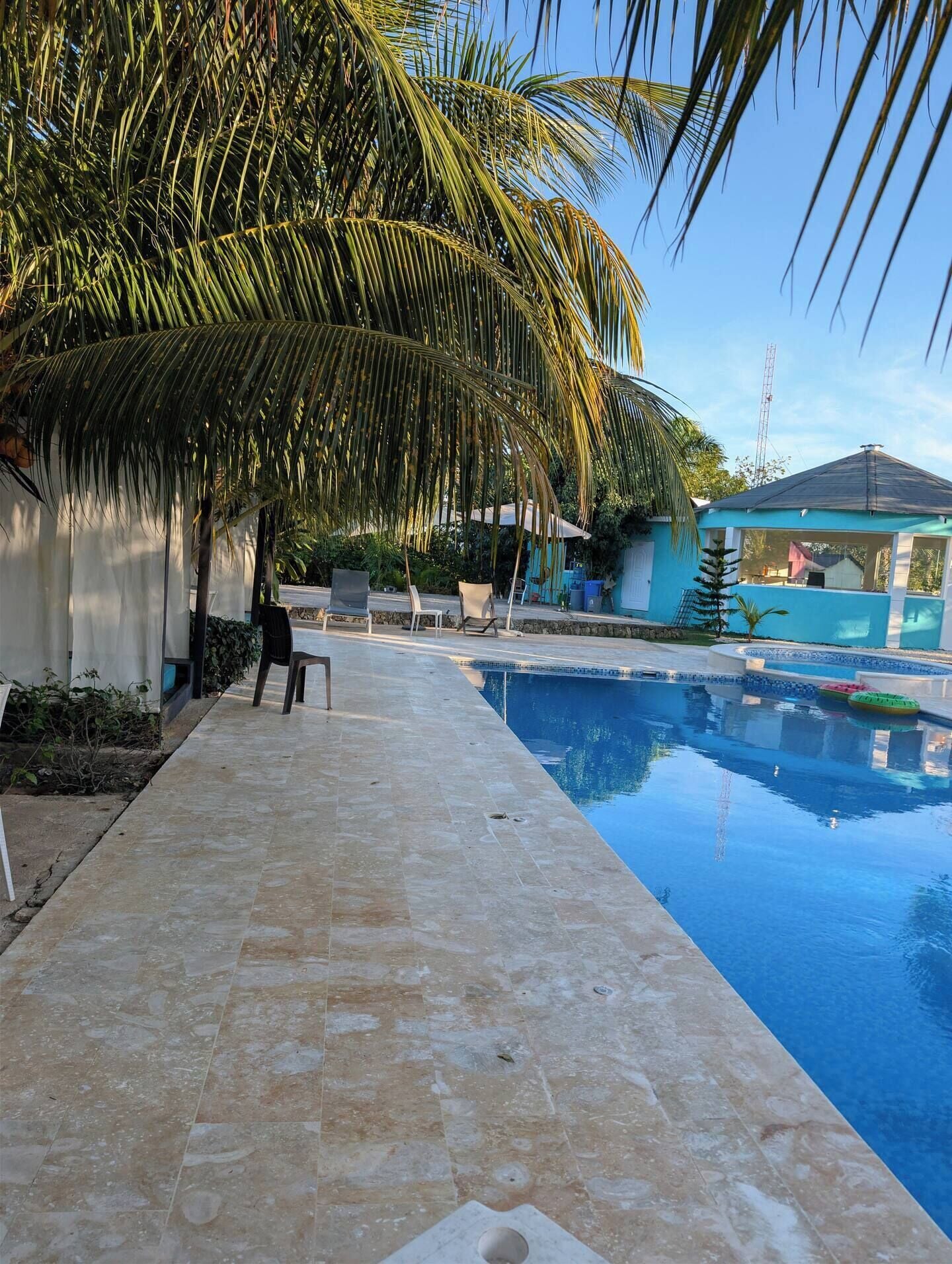 Una piscina con solárium azulejado, palmeras y sillones de descanso.
