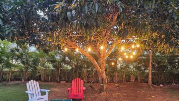 Un árbol con luces colgantes, dos sillas Adirondack y una mesita en un césped.
