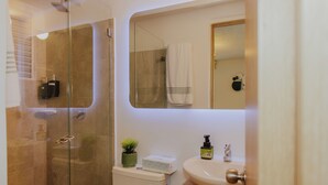 Et badeværelse med brusekabine i glas, toilet, håndvask med spejl og en lille potteplante på toilettet.