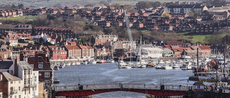 A harbor with boats, a bridge, and residential buildings in the background.