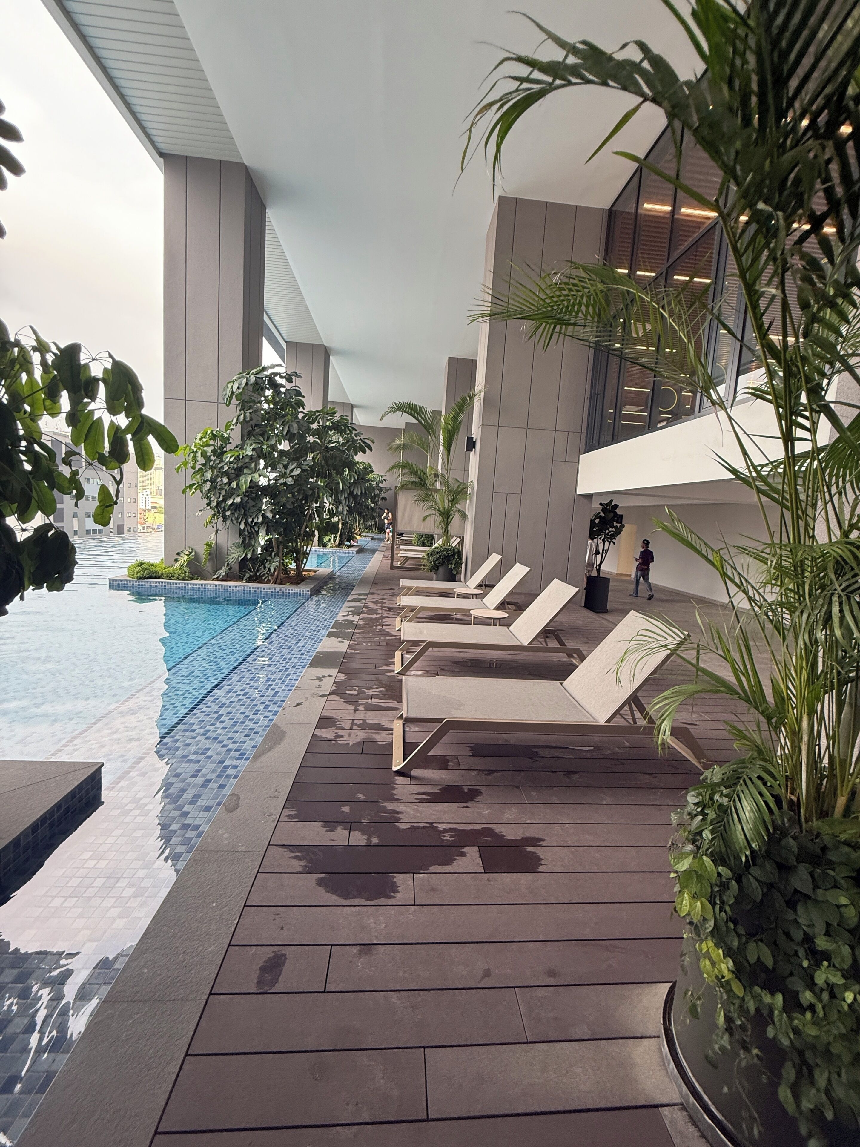 Una piscina interior con suelo de baldosas, sillones de descanso y plantas en macetas.