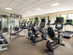 Une salle de sport équipée de nombreux appareils de cardio, de matériel de musculation et dotée d’un mur entièrement recouvert de miroirs.
