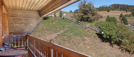 A wooden deck with a view of a hillside and trees.