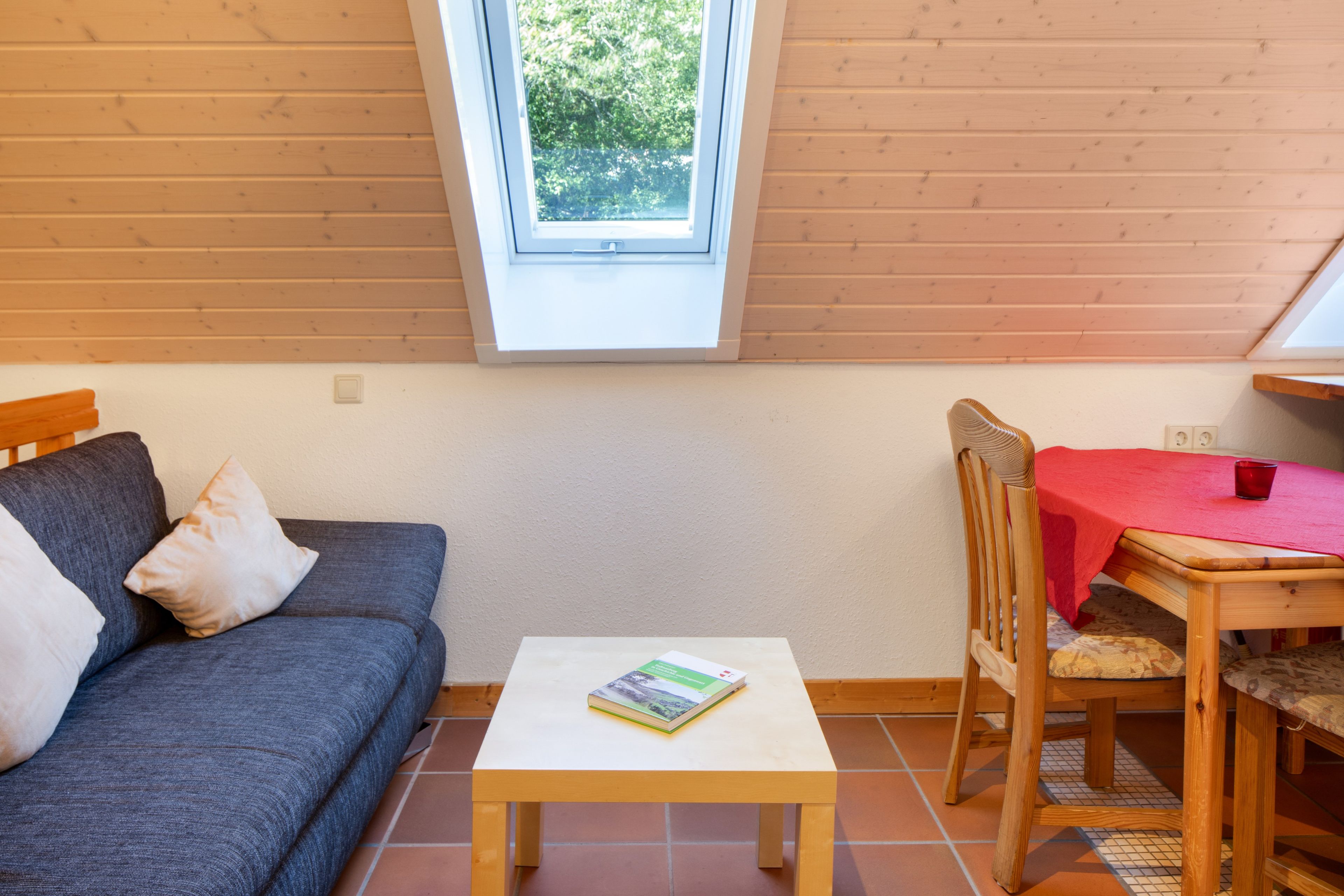 Een kamer met een houten plafond, een tafeltje met een boek, een bank met kussens en een eettafel met een rode tafelkleed.
