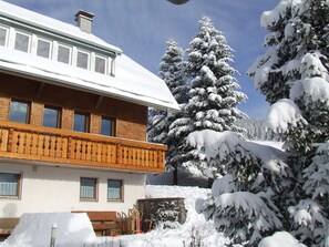 A two-story building with a balcony, surrounded by snow-covered trees and a clear sky. - Apartment 4 at Gästehaus Bühlhof in Todtnauberg (Todtnau)