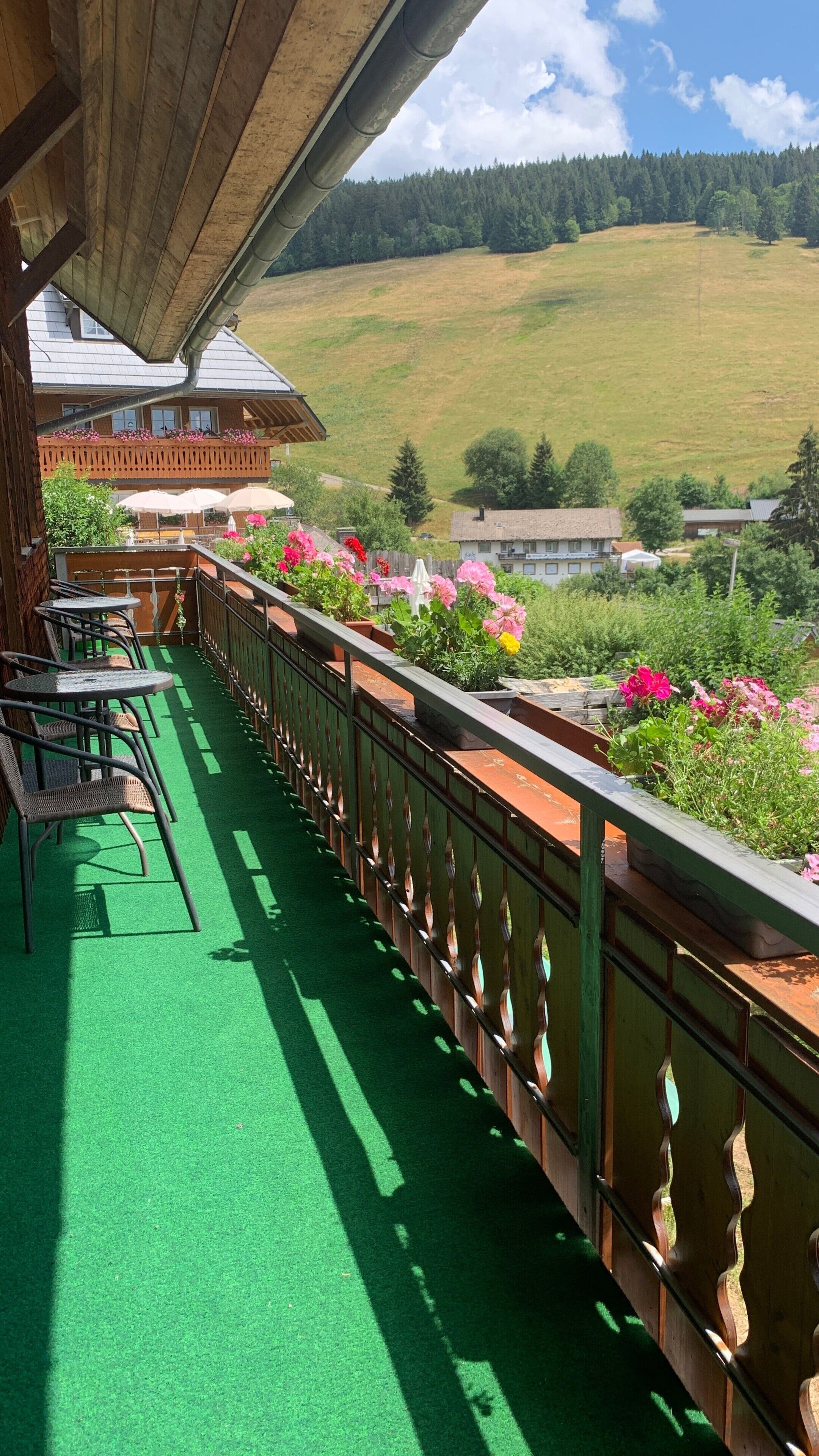Een balkon met een groene vloer, metalen stoelen en een houten leuning, met uitzicht op een landelijk gebied met huizen en een bebost heuvel.