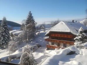 A snow-covered lodge with a prominent balcony and a clear view of the surrounding snowy landscape. - Bühlhof Todtnauberg Apartment 1 (Todtnau)