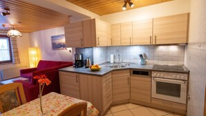 A compact kitchen with wooden cabinets, a built-in dishwasher, and a stove. - Apartment 1 at Bühlhof in Todtnauberg (Todtnau)