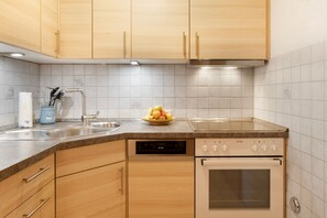 A kitchen with wooden cabinets, a stainless steel sink, a dishwasher, and an oven. - Bühlhof Todtnauberg Apartment 1 (Todtnau)