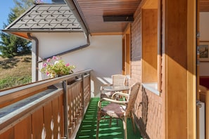 A balcony with a green artificial turf, wicker furniture, and a wooden railing. - Bühlhof Todtnauberg Apartment 3 (Todtnau)