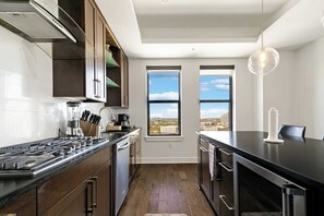 Eine moderne Küche mit Gasherd, Geschirrspüler und Holzausstattung. Zwei Fenster bieten Blick auf die Stadtlandschaft.
