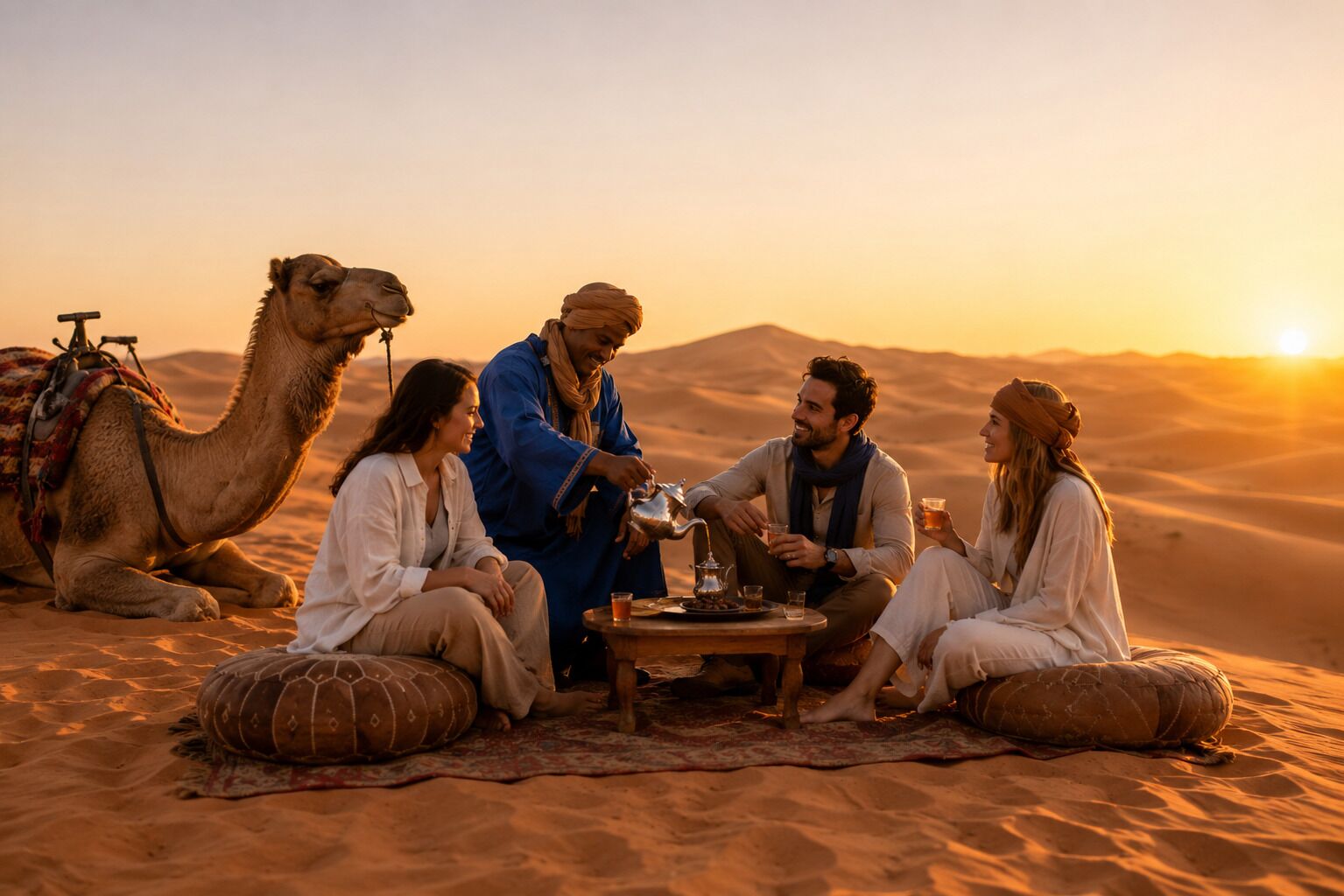 Um grupo de pessoas sentadas em um tapete em paisagem desértica, com camelos e uma mesa com bebidas.