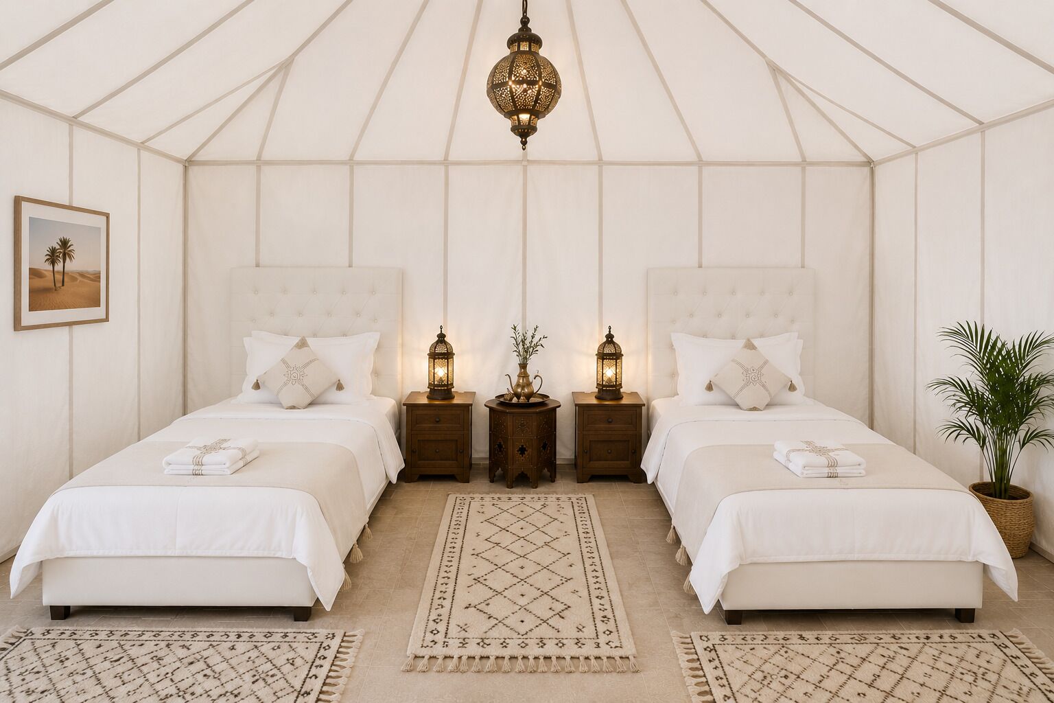 A double room with two beds, nightstands, decorative lanterns, a hanging light fixture, a framed picture, and a potted plant.