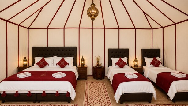 A room with three beds, each with a red and white bedspread, and a central hanging light fixture. - Remal Luxury Camp (Merzouga)