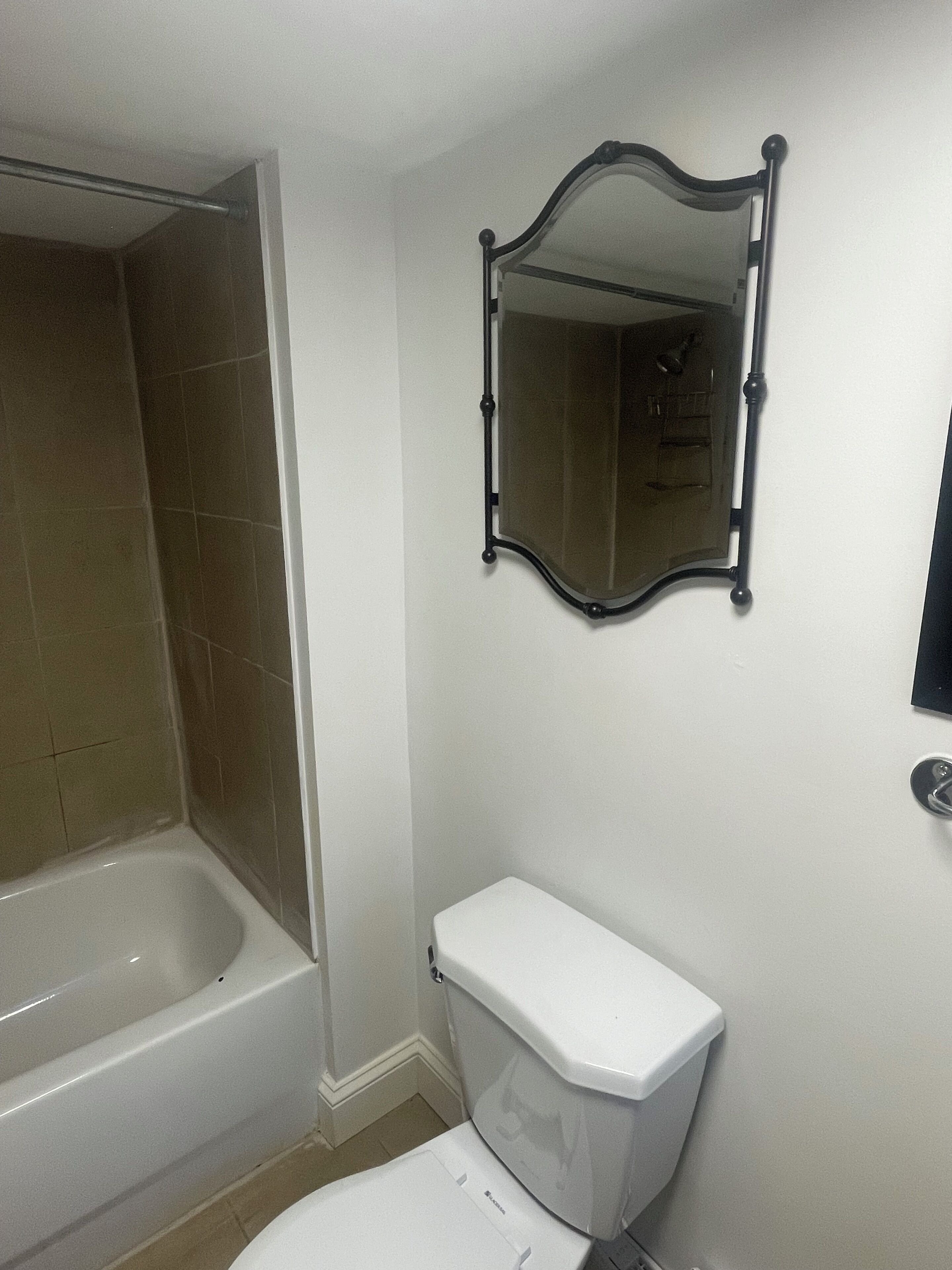Een badkamer met een bad, toilet en een spiegel aan de muur.