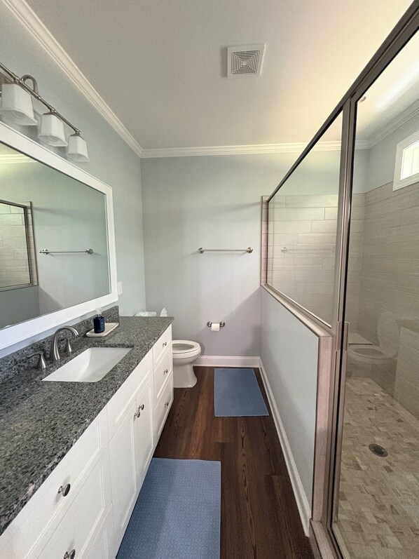 A bathroom with a sink, toilet, and shower area. - Secluded Harris Lake retreat. Nature, privacy, and Lake access to a private cove (New Hill)