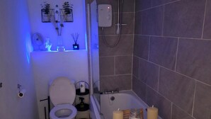 A bathroom with a toilet, a shower, and a shelf with candles. - 1 Bedroom Beach View Apartment Sleeps 4 (Rhyl)
