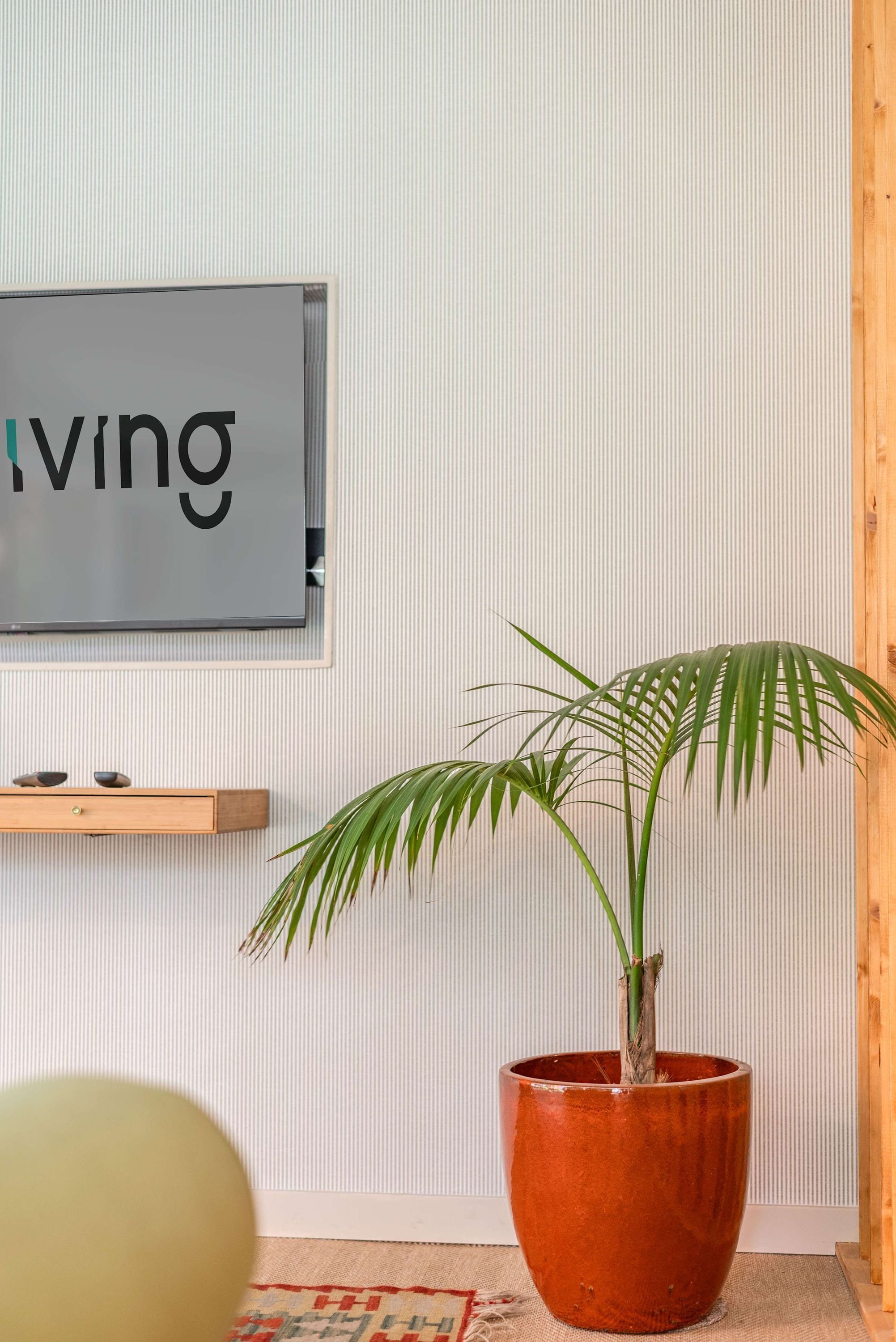 A potted plant, a framed sign with the word 'living,' and a wooden shelf.