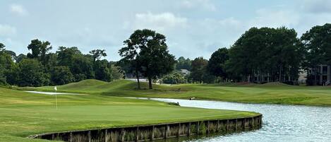 A golf course with a water hazard, a wooden bridge, and a flag.