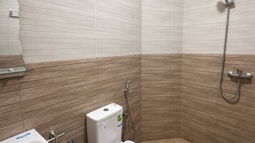 Shower, towels, toilet paper