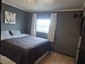 A bedroom with a bed, curtains, a window, and a wall-mounted artwork.