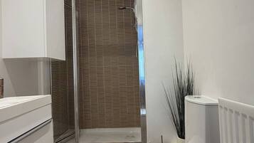 Combined shower/bathtub, deep-soaking bathtub, hair dryer, towels