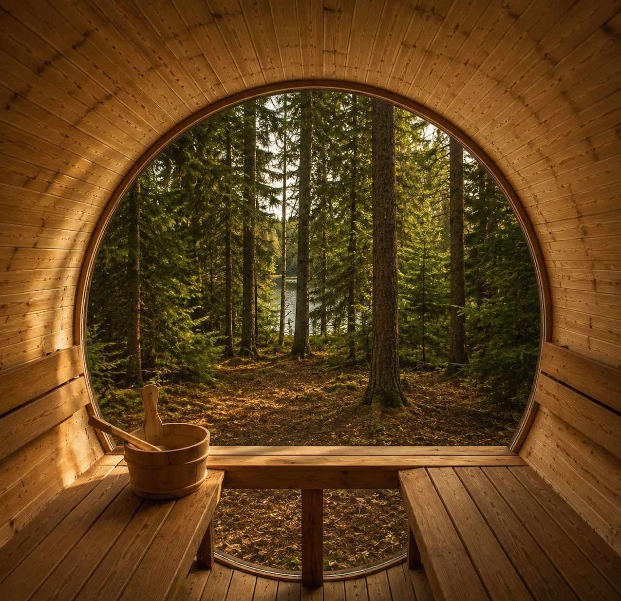Estructura de madera circular con un banco y un cubo, con vistas a un bosque.