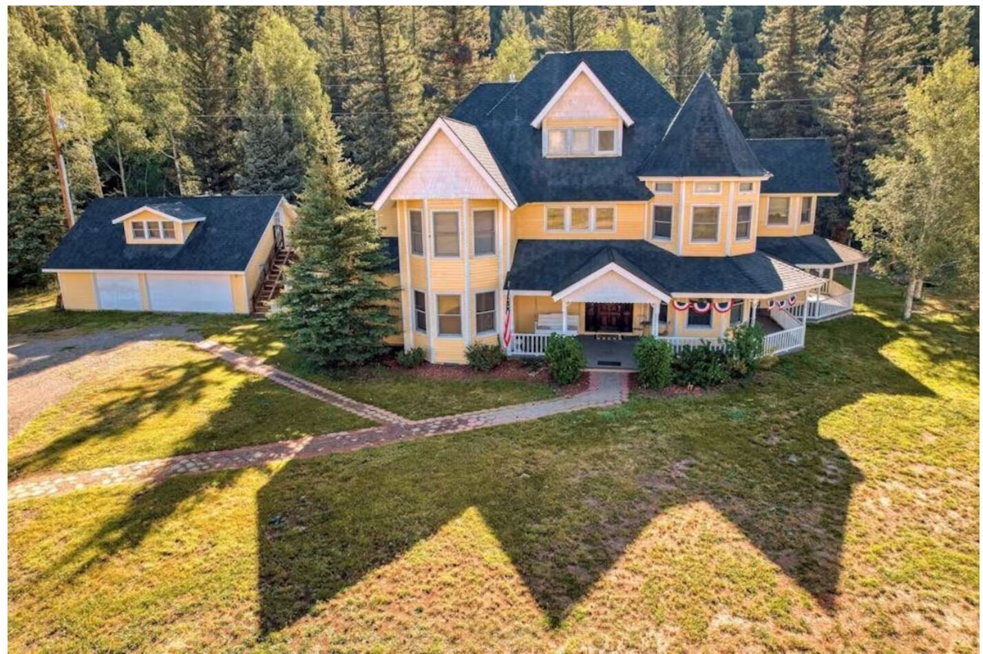 Elevated view of a yellow Victorian-style home and detached garage surrounded by trees.