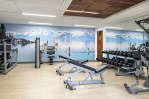 Ein Fitnessraum mit Trainingsgeräten, einem großen Spiegel und einem Wandbild mit einem See und Bergen.
