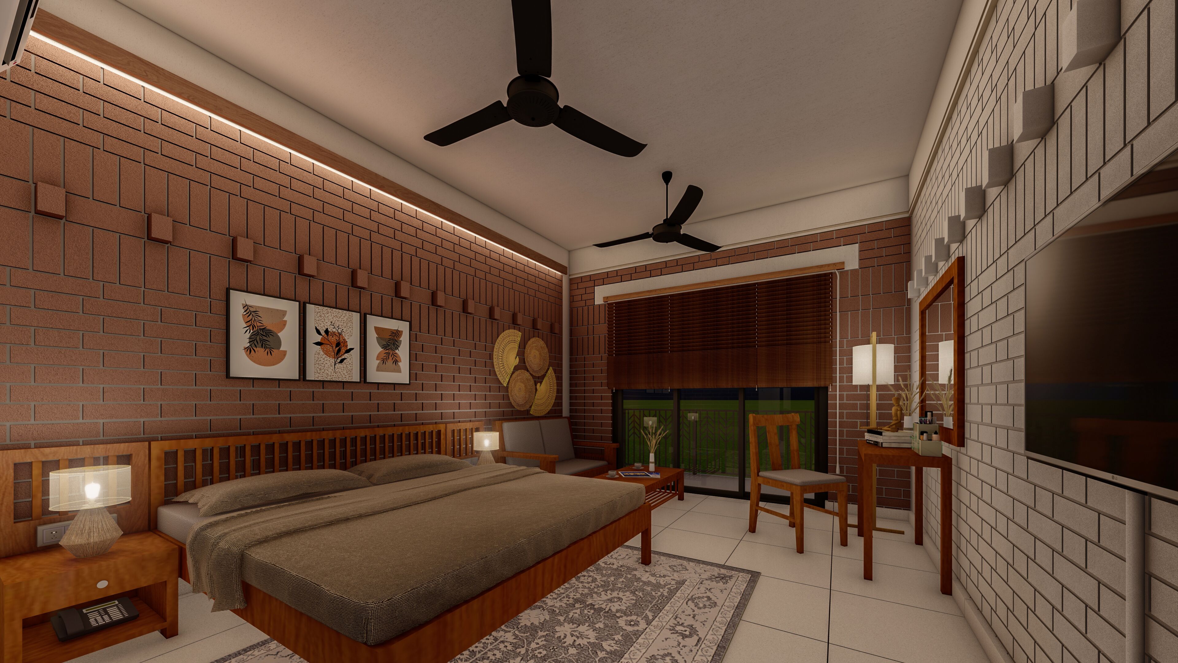 A bedroom with a brick wall, a bed, a desk, and two ceiling fans.
