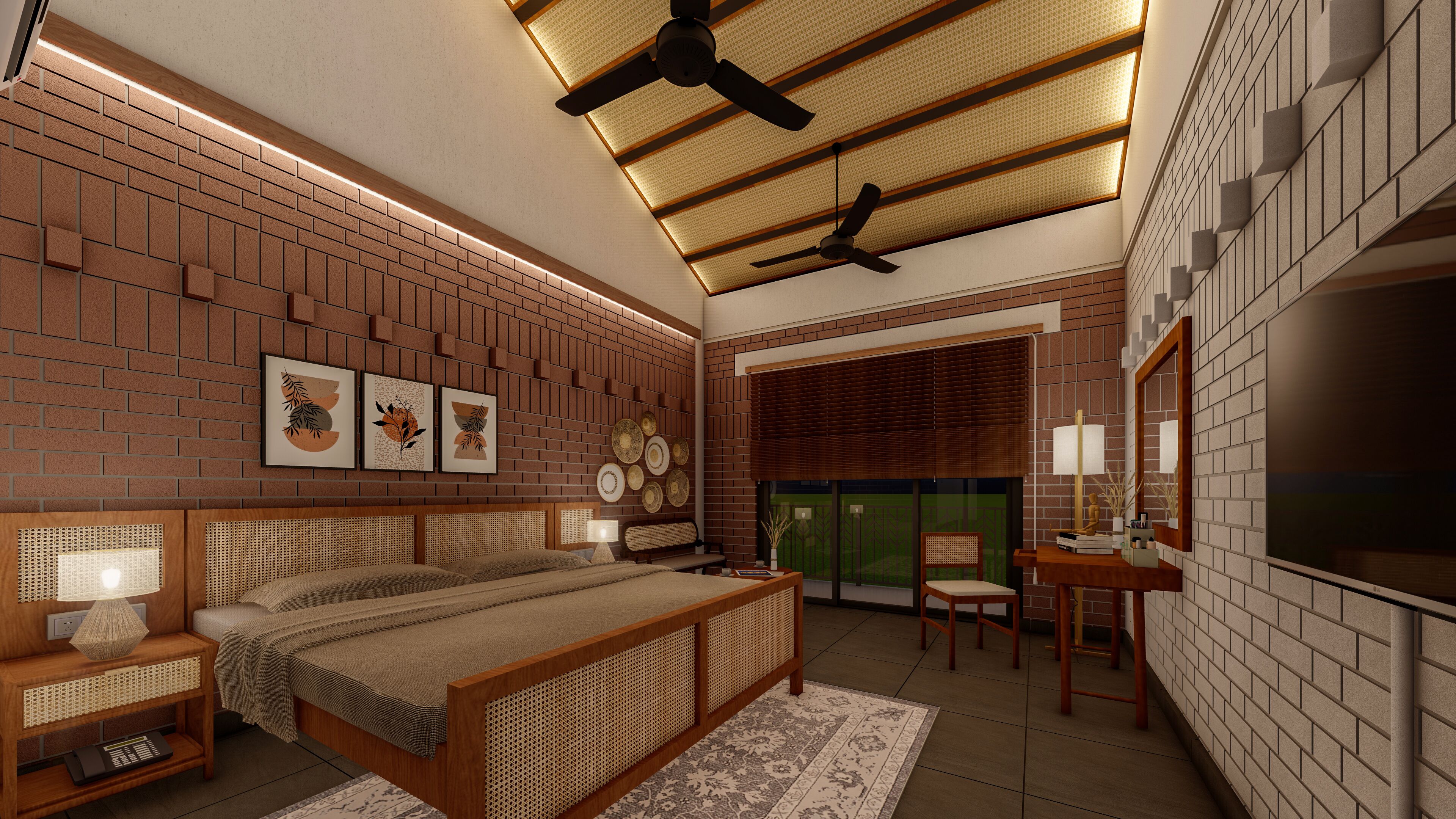 Une chambre à coucher moderne avec un mur en briques, des ventilateurs de plafond, un lit, des tables de chevet et un bureau avec une chaise.