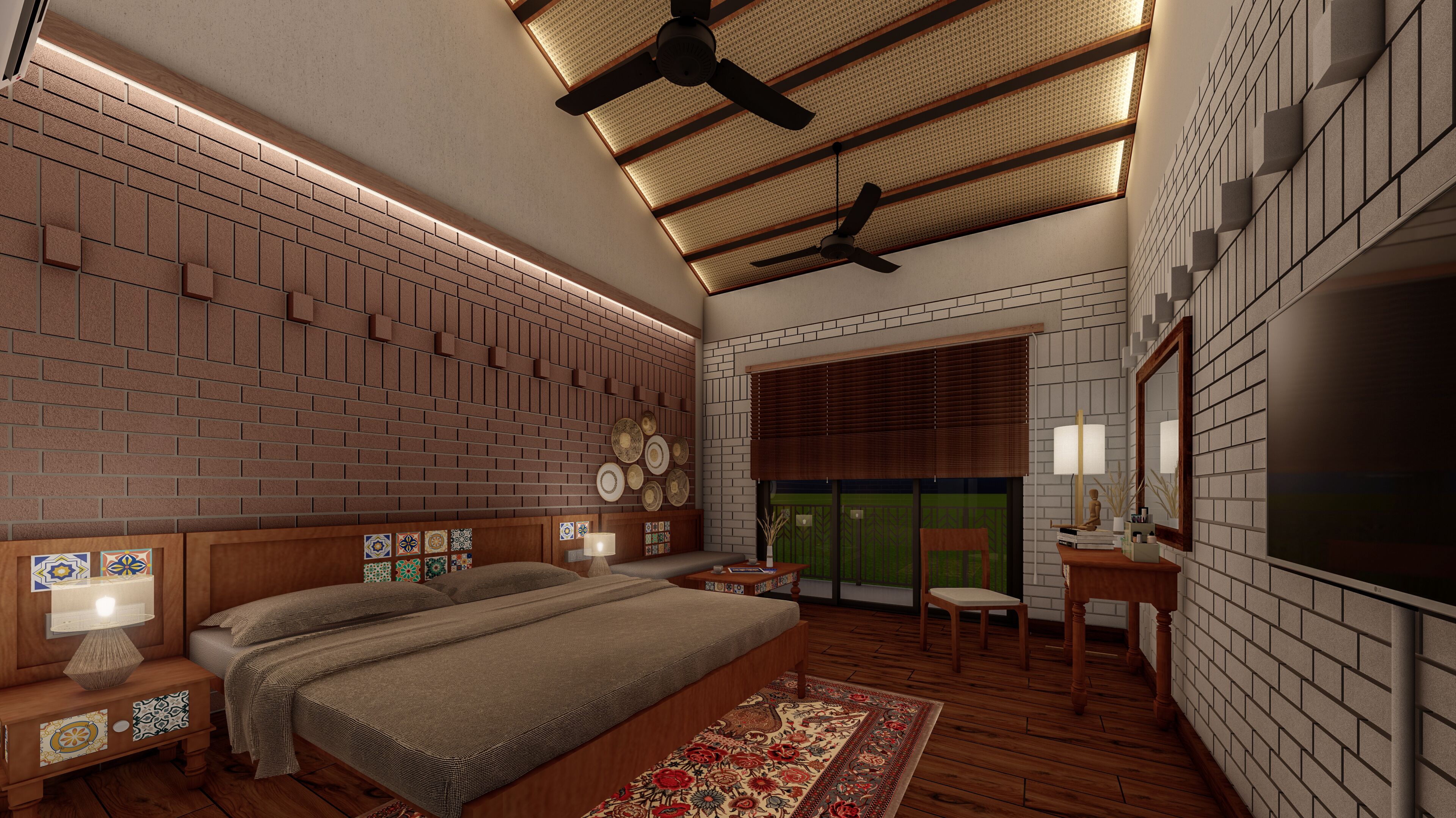 A bedroom with a brick wall, a ceiling fan, a bed, a nightstand, a chair, and a TV.