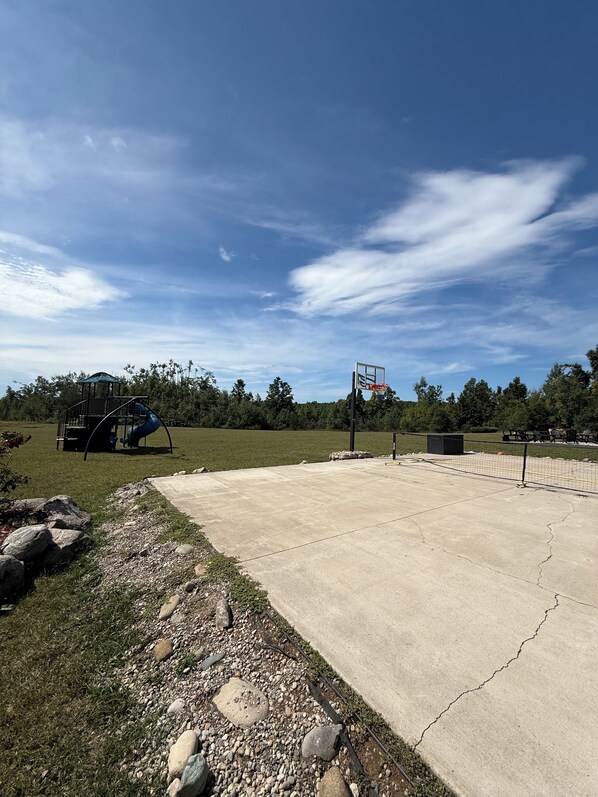 Una cancha de baloncesto de concreto con un aro, rodeada de césped y árboles.