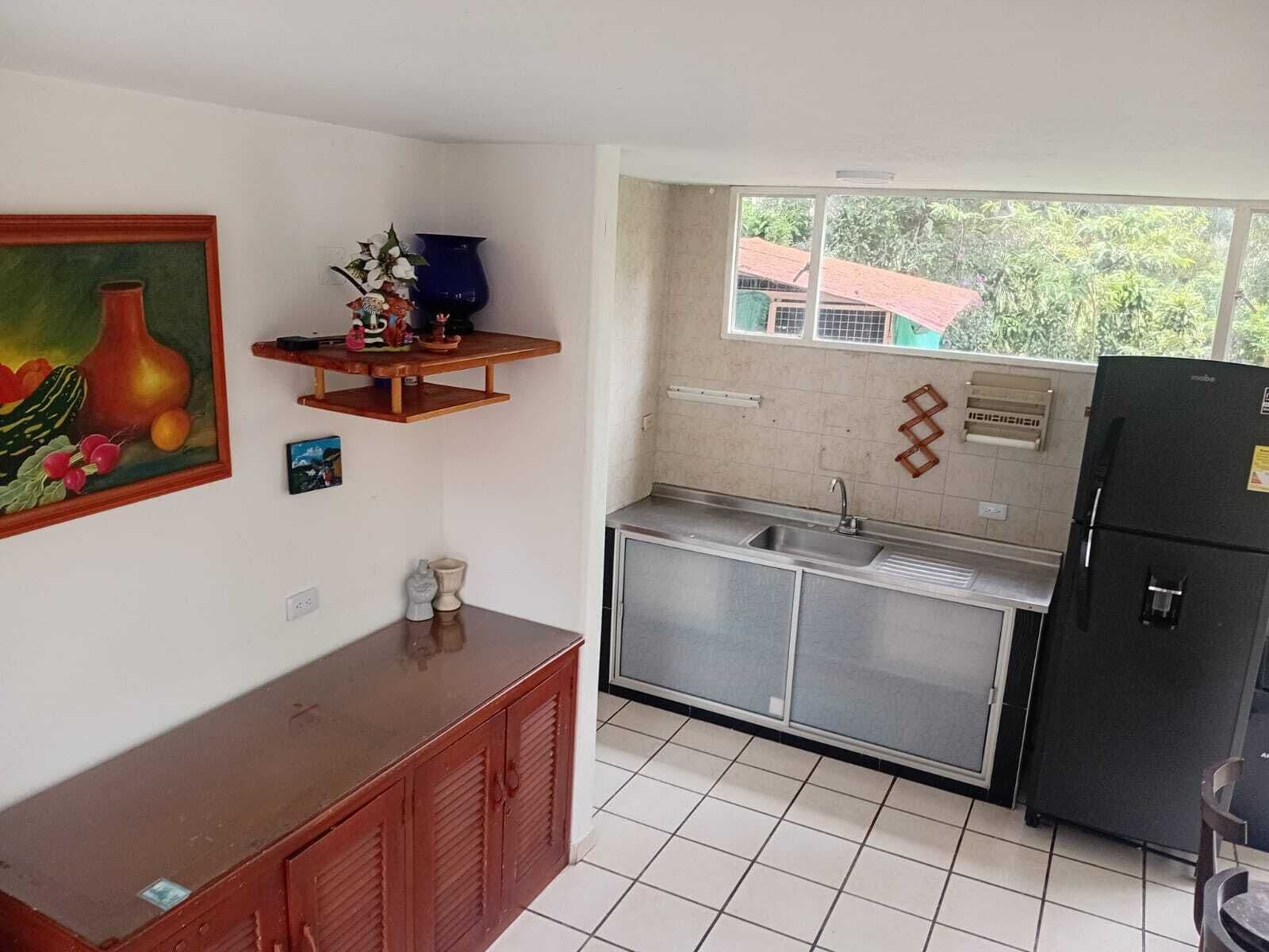 A kitchen with a sink, a refrigerator, and a window with a view of greenery.