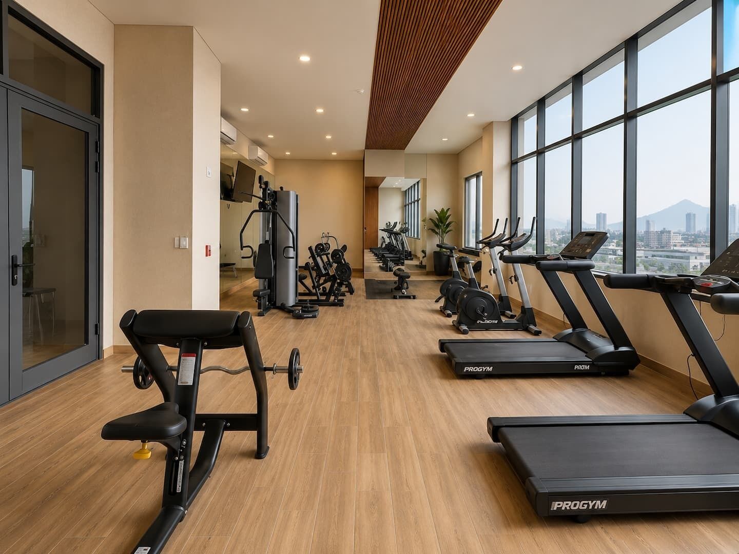 A gym with cardio equipment, weight machines, and a view of the city.