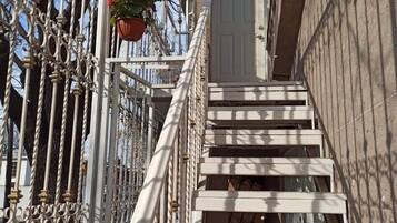 A staircase with white railings and a potted plant with red flowers.