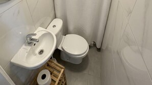 Un bagno piccolo con il water, un lavandino e una tenda per la doccia.