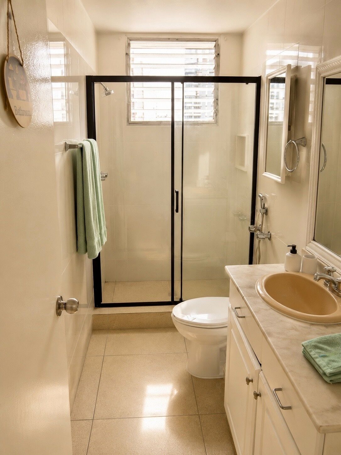 Bathroom | Hair dryer, towels, soap, toilet paper